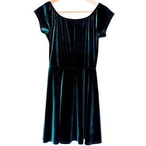 Jolie Emerald Green Velvet Velour A-Line Cap Sleeve Fit & Flare Mini Dress – S